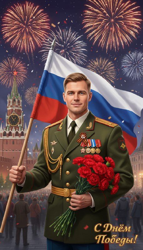 Военный с флагом и гвоздиками