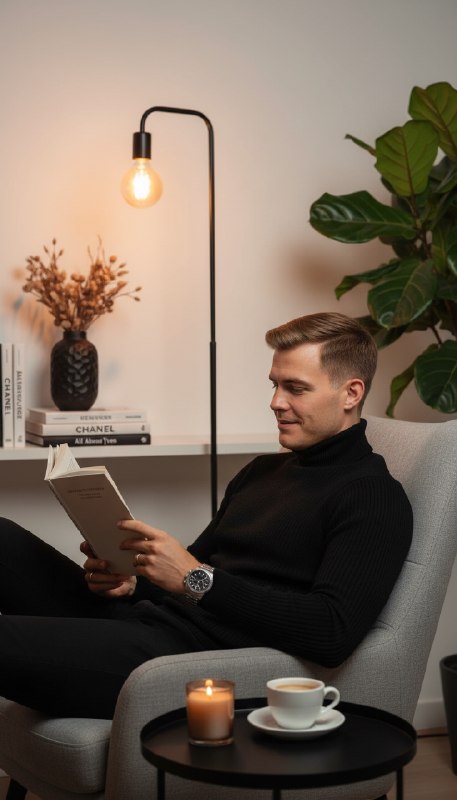Мужчина читает книгу вечером дома