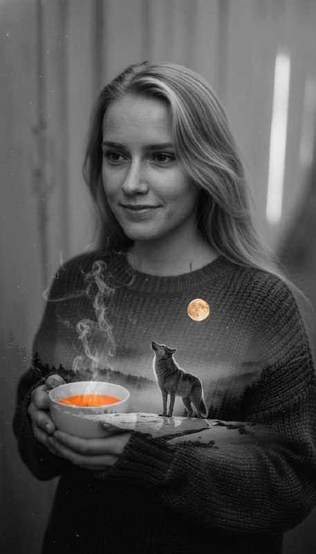 Женщина с чашкой чая и волком