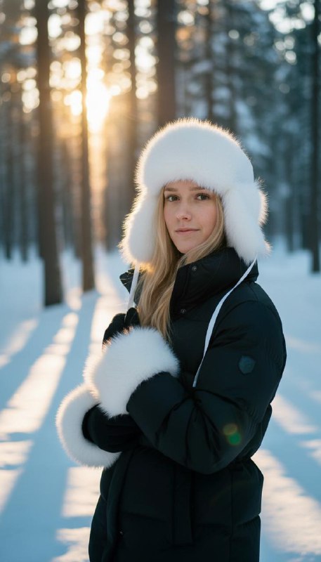 Девушка в зимнем лесу на закате