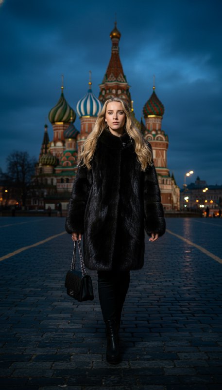 Женщина в шубе на фоне собора
