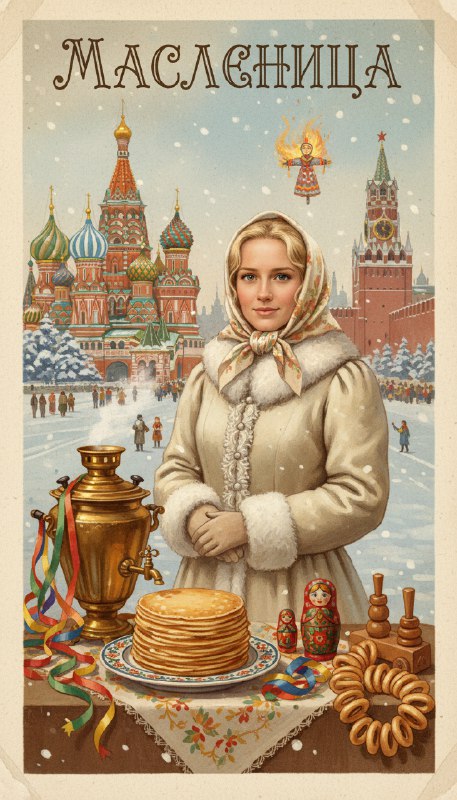 Ретро открытка Масленица на Красной площади