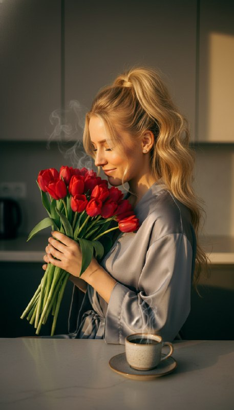 Женщина с тюльпанами и кофе