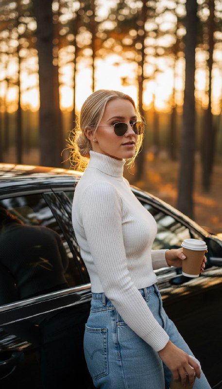Женщина с кофе у автомобиля в лесу