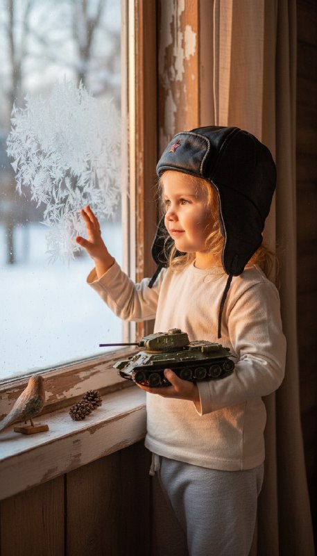Ребёнок с танком у окна зимой