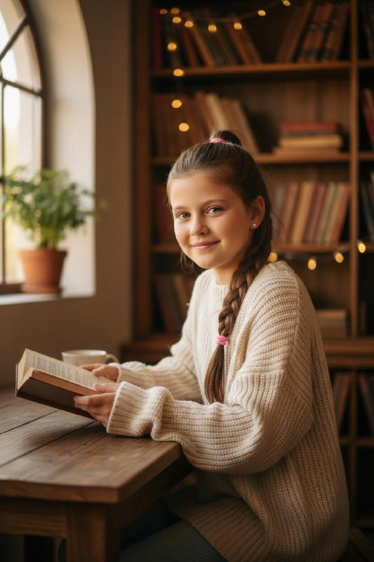 Девочка с книгой в уютной библиотеке